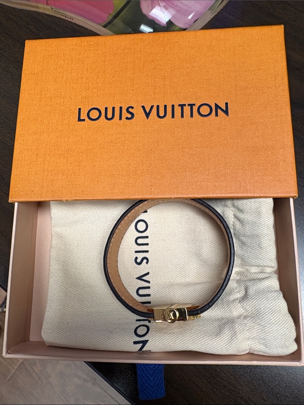 Louis Vuitton Black and Brown Leather Bracelet with Gold Accent